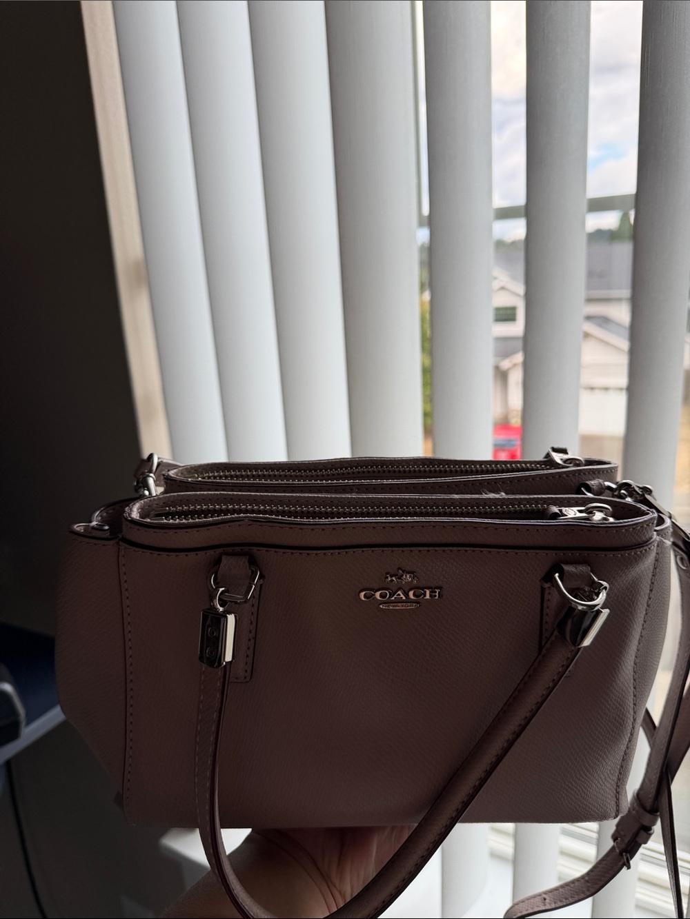 COACH Double-Zip Leather Crossbody in Mauve Taupe
